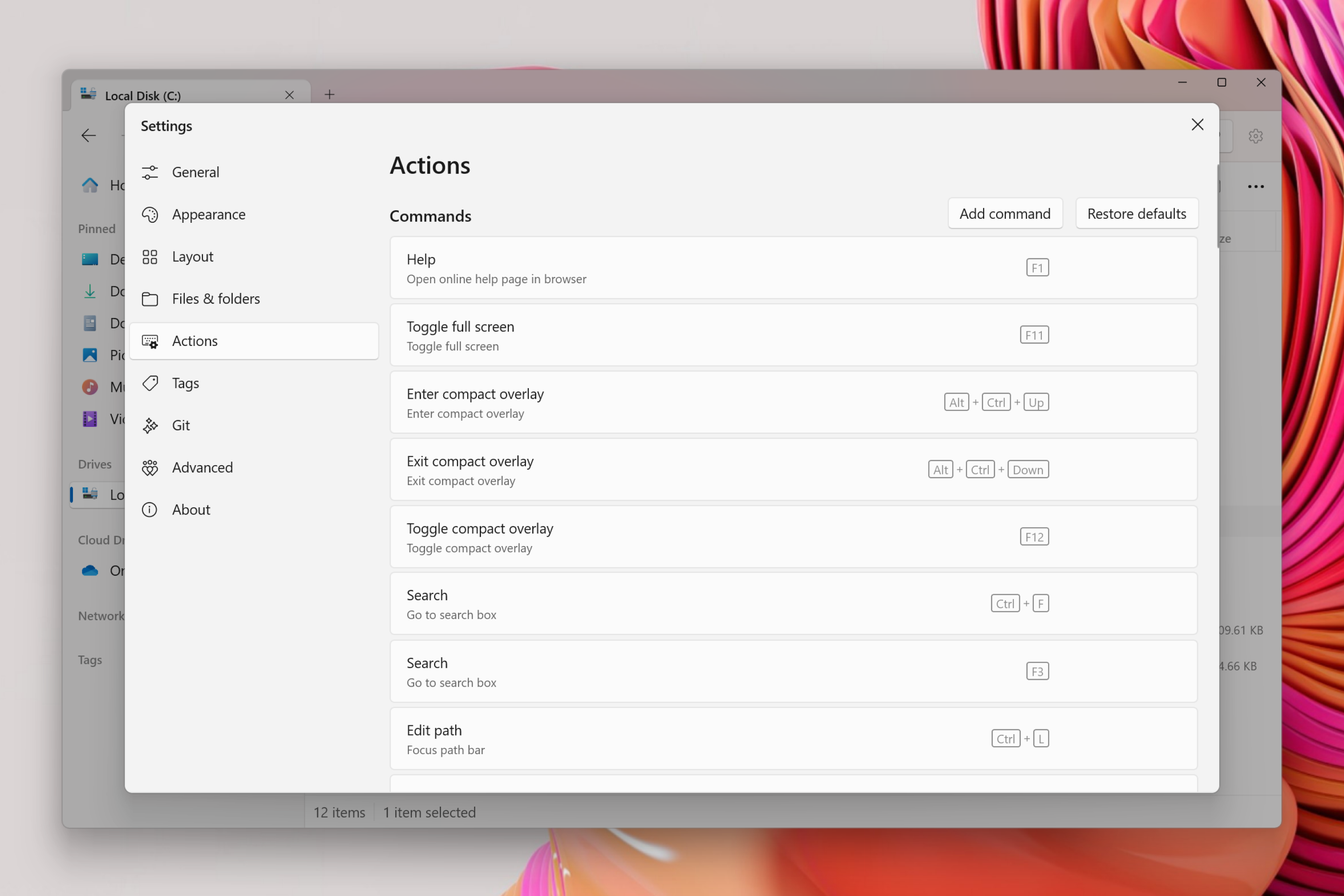 Actions settings page